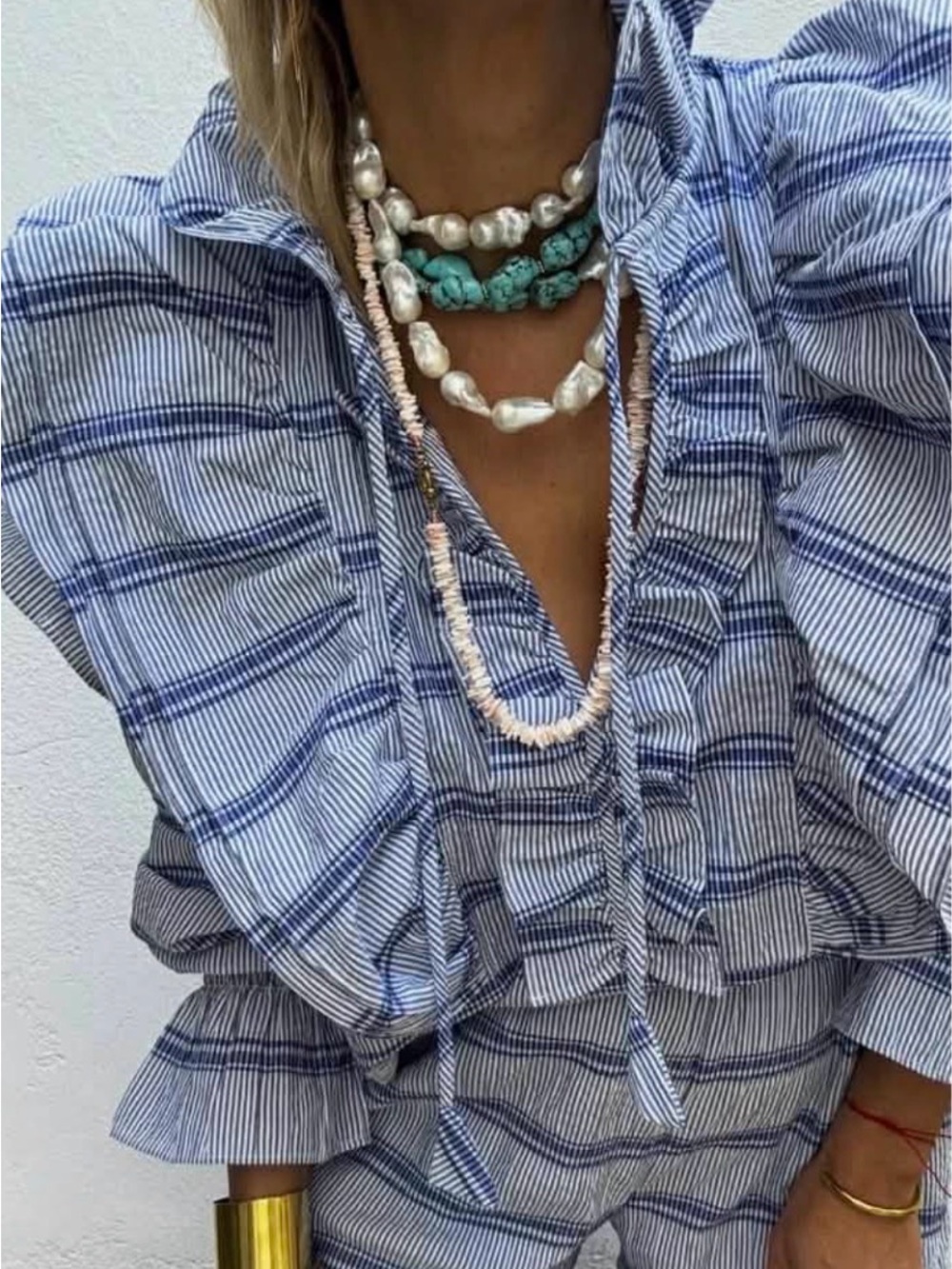 Joseph Copenhagen Blue & White Striped Ruffle Tie-Neck Blouse